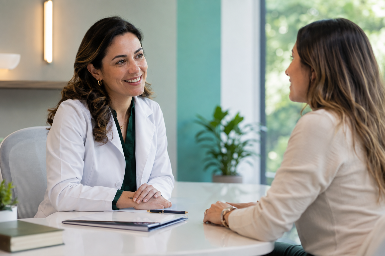 Profissional de saúde e paciente em uma conversa de atendimento