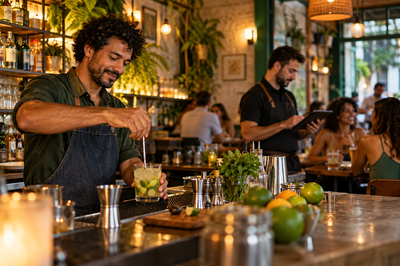 Bartender e atendente trabalhando em um bar
