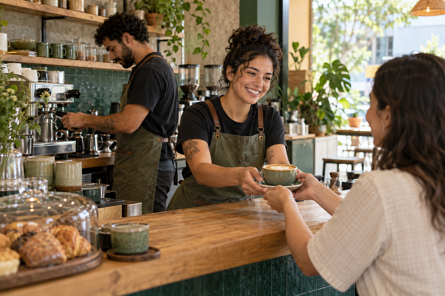 Barista preparando café e atendendo cliente